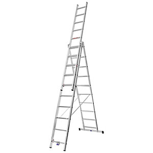Alu-Mehrzweckleiter, Einsteigermodell, 3 x 10 Sprossen, max. Arbeitshöhe 7,34 m.