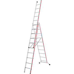 Alu-Mehrzweckleiter, Industrieausführung mit Kopffahrwerk, 3 x 10 Sprossen, max. Arbeitshöhe 7,99 m.