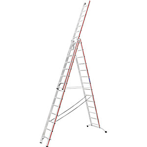 Alu-Mehrzweckleiter, Industrieausführung mit Kopffahrwerk, 3 x 14 Sprossen, max. Arbeitshöhe 10,42 m.