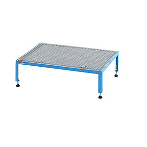Arbeitsplattform, Höhenverstellbereich 255 - 320 mm, mit Gitterrostplatte, Plattform LxB 910 x 610 mm, lichtblau.