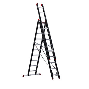 Mehrzweckleiter, Alu beschichtet, 3-teilig, schwarz, 3 x 10 Sprossen.