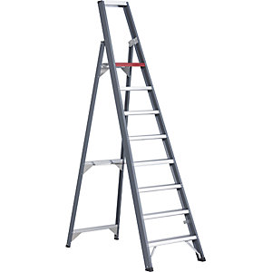 Alu-Stufenstehleiter, einseitig begehbar, mit Ablageschale, 8 Stufen, Arbeitshöhe 3900 mm.