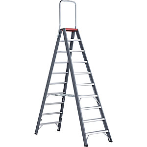Alu-Stufenstehleiter, beidseitig begehbar, 2 x 10 Stufen, Arbeitshöhe 4350 mm.