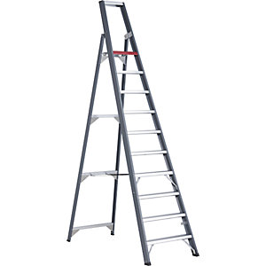 Alu-Stufenstehleiter, einseitig begehbar, mit Ablageschale, 10 Stufen, Arbeitshöhe 4350 mm.