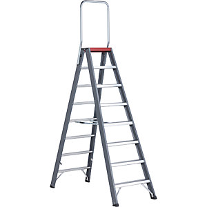 Alu-Stufenstehleiter, beidseitig begehbar, 2 x 8 Stufen, Arbeitshöhe 3900 mm.
