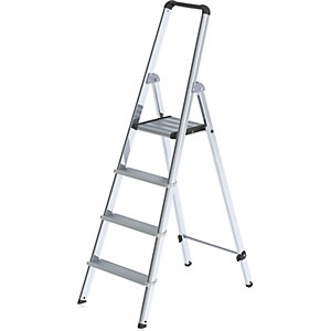 Alu-Stufenstehleiter, einseitig begehbar, mit ergonomisch geformtem Holm und Ablageschale, 4 Stufen.