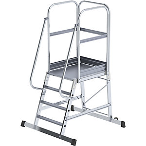 Alu-Podestleiter, einseitig begehbar, fahrbar, 4 Stufen.