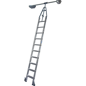 Stufen-Regalleiter, Doppelregal mit Kopffahrwerk für Rundrohr-Schienenanlage, 10 Stufen.