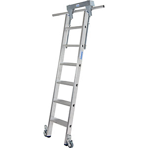 Stufen-Regalleiter, mit Kopffahrwerk für Rundrohr-Schienenanlage, 6 Stufen.