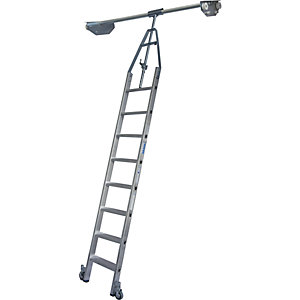 Stufen-Regalleiter, Doppelregal mit Kopffahrwerk für Rundrohr-Schienenanlage, 8 Stufen.