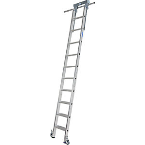 Stufen-Regalleiter, mit Kopffahrwerk für Rundrohr-Schienenanlage, 10 Stufen.