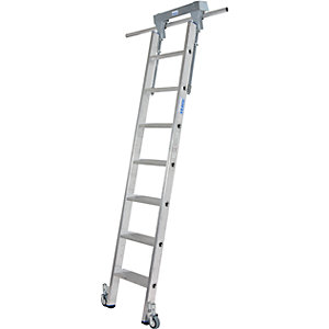 Stufen-Regalleiter, mit Kopffahrwerk für Rundrohr-Schienenanlage, 7 Stufen.