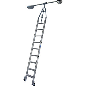 Stufen-Regalleiter, Doppelregal mit Kopffahrwerk für Rundrohr-Schienenanlage, 9 Stufen.
