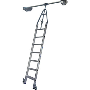 Stufen-Regalleiter, Doppelregal mit Kopffahrwerk für Rundrohr-Schienenanlage, 7 Stufen.