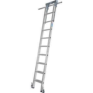 Stufen-Regalleiter, mit Kopffahrwerk für Rundrohr-Schienenanlage, 9 Stufen.