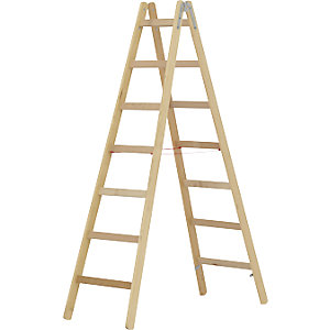 Holz-Stehleiter, mit Sprossen, beidseitig begehbar, 2 x 7 Sprossen.