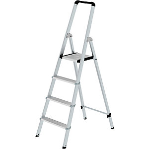 Alu-Stufenstehleiter, einseitig begehbar, eloxiert, mit ergonomisch geformtem Holm und Ablageschale, 4 Stufen.