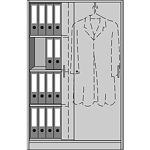 STATUS - Büroschrank, mit Schiebetüren, rechts Garderobe, links 3 Fachböden, alusilber / Buche-Dekor.