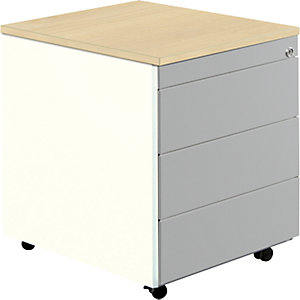 Schubladencontainer mit Rollen, HxT 579 x 600 mm, Kunststoffplatte, 3 Schubladen, reinweiß / weißaluminium / Ahorn.