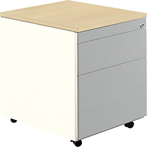 Schubladencontainer mit Rollen, HxT 579 x 600 mm, 1 Materialschub, 1 Hängeregistratur, reinweiß / weißaluminium / Ahorn.