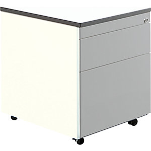 Schubladencontainer mit Rollen, HxT 579 x 600 mm, 1 Materialschub, 1 Hängeregistratur, reinweiß / weißaluminium / weiß.
