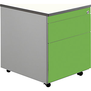 Schubladencontainer mit Rollen, HxT 579 x 600 mm, 1 Materialschub, 1 Hängeregistratur, weißaluminium / gelbgrün / weiß.