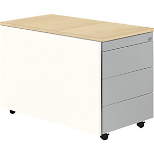 Schubladencontainer mit Rollen, HxT 579 x 800 mm, Kunststoffplatte, 3 Schubladen, reinweiß / weißaluminium / Ahorn.