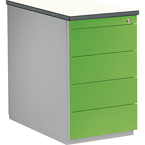 Schubladencontainer, HxT 720 x 800 mm, 4 Schubladen, weißaluminium / gelbgrün / weiß.