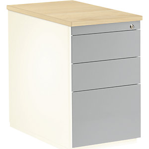 Schubladencontainer, HxT 720 x 800 mm, 2 Materialschübe, 1 Hängeregistratur, reinweiß / weißaluminium / Ahorn.