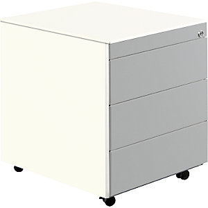 Schubladencontainer mit Rollen, HxT 570 x 600 mm, Stahlplatte, 3 Schubladen, reinweiß / weißaluminium.
