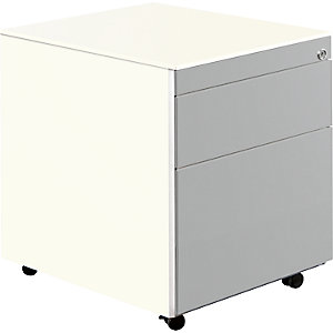 Schubladencontainer mit Rollen, HxT 570 x 600 mm, 1 Materialschub, 1 Hängeregistratur, reinweiß / weißaluminium / weiß.