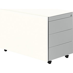 Schubladencontainer mit Rollen, HxT 570 x 800 mm, Stahlplatte, 3 Schubladen, reinweiß / weißaluminium / weiß.
