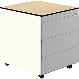 Schubladencontainer mit Rollen, HxT 573 x 600 mm, HPL-Vollkernplatte, 3 Schubladen, reinweiß / weißaluminium / Ahorn.
