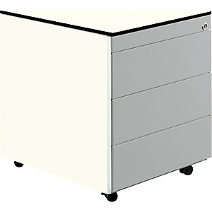 Schubladencontainer mit Rollen, HxT 573 x 600 mm, HPL-Vollkernplatte, 3 Schubladen, reinweiß / weißaluminium / weiß.