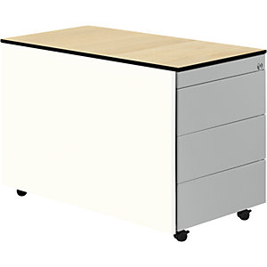 Schubladencontainer mit Rollen, HxT 573 x 800 mm, HPL-Vollkernplatte, 3 Schubladen, reinweiß / weißaluminium / Ahorn.