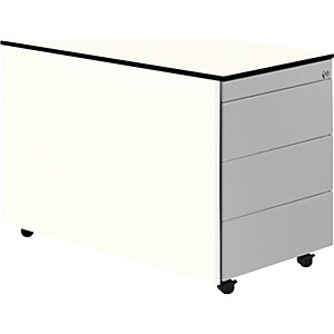 Schubladencontainer mit Rollen, HxT 573 x 800 mm, HPL-Vollkernplatte, 3 Schubladen, reinweiß / weißaluminium / weiß.
