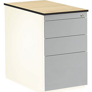 Schubladencontainer, HxT 708 x 800 mm, 2 Materialschübe, 1 Hängeregistratur, reinweiß / weißaluminium / Ahorn.