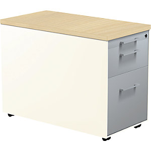 Schubladencontainer auf Rollen, HxT 579 x 800 mm, 1 Materialschub, 1 Hängeregistratur, reinweiß / alusilber / Ahorn.