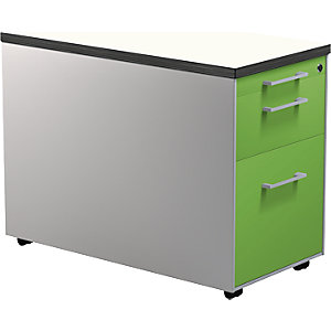 Schubladencontainer auf Rollen, HxT 579 x 800 mm, 1 Materialschub, 1 Hängeregistratur, alusilber / gelbgrün / weiß.