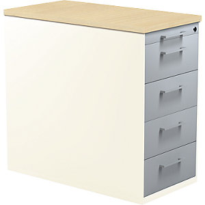 Schubladencontainer mit Sockel, Höhe 720 mm, Kunststoffplatte, 4 Schubladen, reinweiß / alusilber / Ahorn.