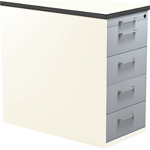 Schubladencontainer mit Sockel, Höhe 720 mm, Kunststoffplatte, 4 Schubladen, reinweiß / alusilber / weiß.