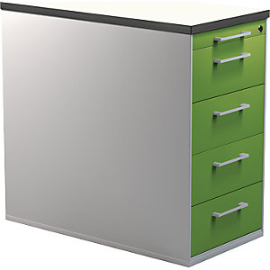 Schubladencontainer mit Sockel, Höhe 720 mm, Kunststoffplatte, 4 Schubladen, alusilber / gelbgrün / weiß.