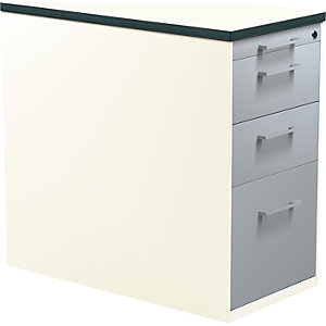 Schubladencontainer mit Sockel, Höhe 720 mm, 2 Materialschübe, 1 Hängeregistratur, reinweiß / alusilber / weiß.
