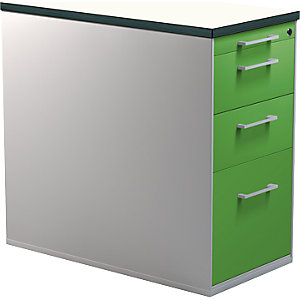 Schubladencontainer mit Sockel, Höhe 720 mm, 2 Materialschübe, 1 Hängeregistratur, alusilber / gelbgrün / weiß.