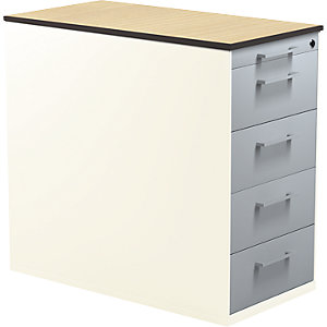 Schubladencontainer mit Sockel, Höhe 708 mm, HPL-Vollkernplatte, 4 Schubladen, reinweiß / alusilber / Ahorn.