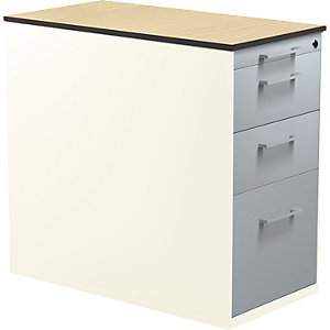 Schubladencontainer mit Sockel, Höhe 708 mm, 2 Materialschübe, 1 Hängeregistratur, reinweiß / alusilber / Ahorn.
