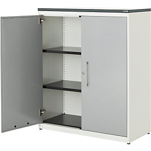 Flügeltürenschrank, HxB 1180 x 1000 mm, Kunststoffplatte, 2 Fachböden, reinweiß / weißaluminium / weiß.