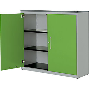 Flügeltürenschrank, HxB 1180 x 1200 mm, Kunststoffplatte, 2 Fachböden, weißaluminium / gelbgrün / weiß.