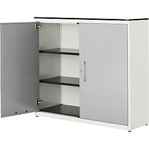 Flügeltürenschrank, HxB 1168 x 1200 mm, HPL-Vollkernplatte, 2 Fachböden, reinweiß / weißaluminium / weiß.