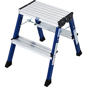 Alu-Klapptritt, mit Rollen, 2 x 2 Stufen, blau.